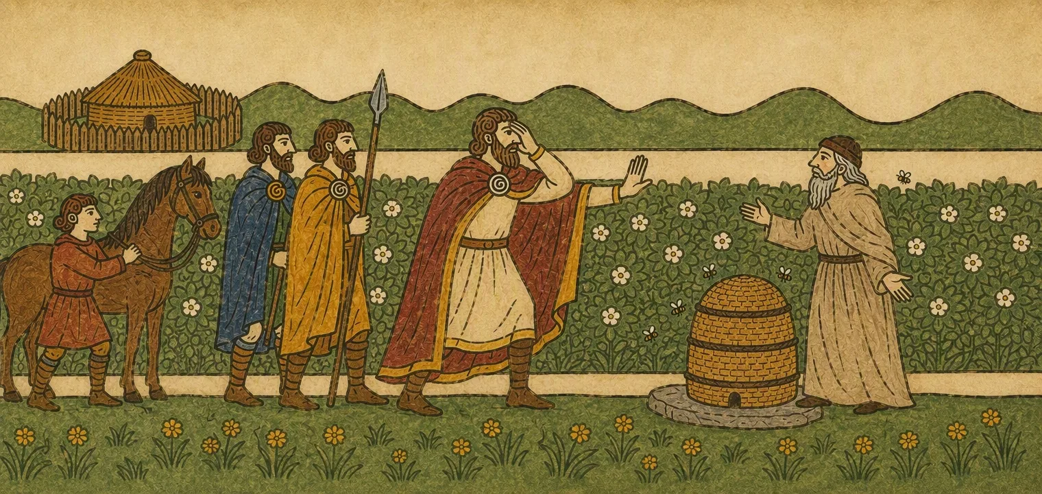 A king in a red cloak covers one eye with his hand and holds the other out to stop his men. A beekeeper beside a straw hive under a flowering hedge spreads his hands.