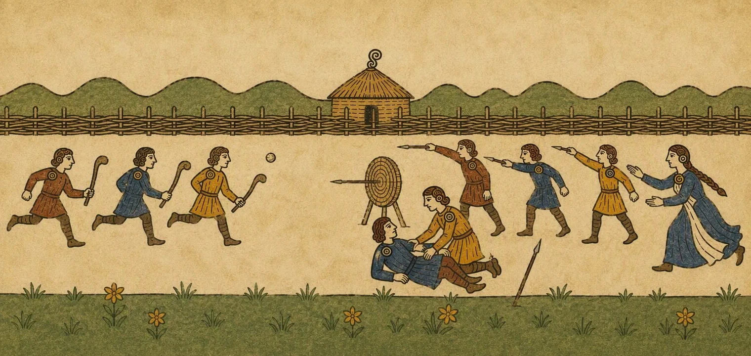 Boys with hurley sticks run across the field while others throw spears at a target. One boy lies on the ground with another kneeling over him, and a girl in a blue dress runs up with her hand out.