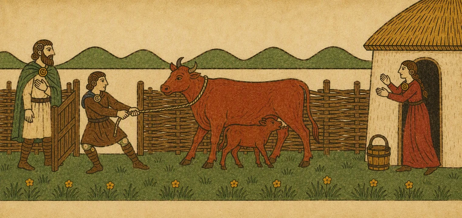 A boy pulls a red cow with her calf through a wattle gate while a man in a green cloak holds the gate and puts a hand to his chest. A woman in a red dress by the door of a round house raises her hands, a wooden bucket at her feet.