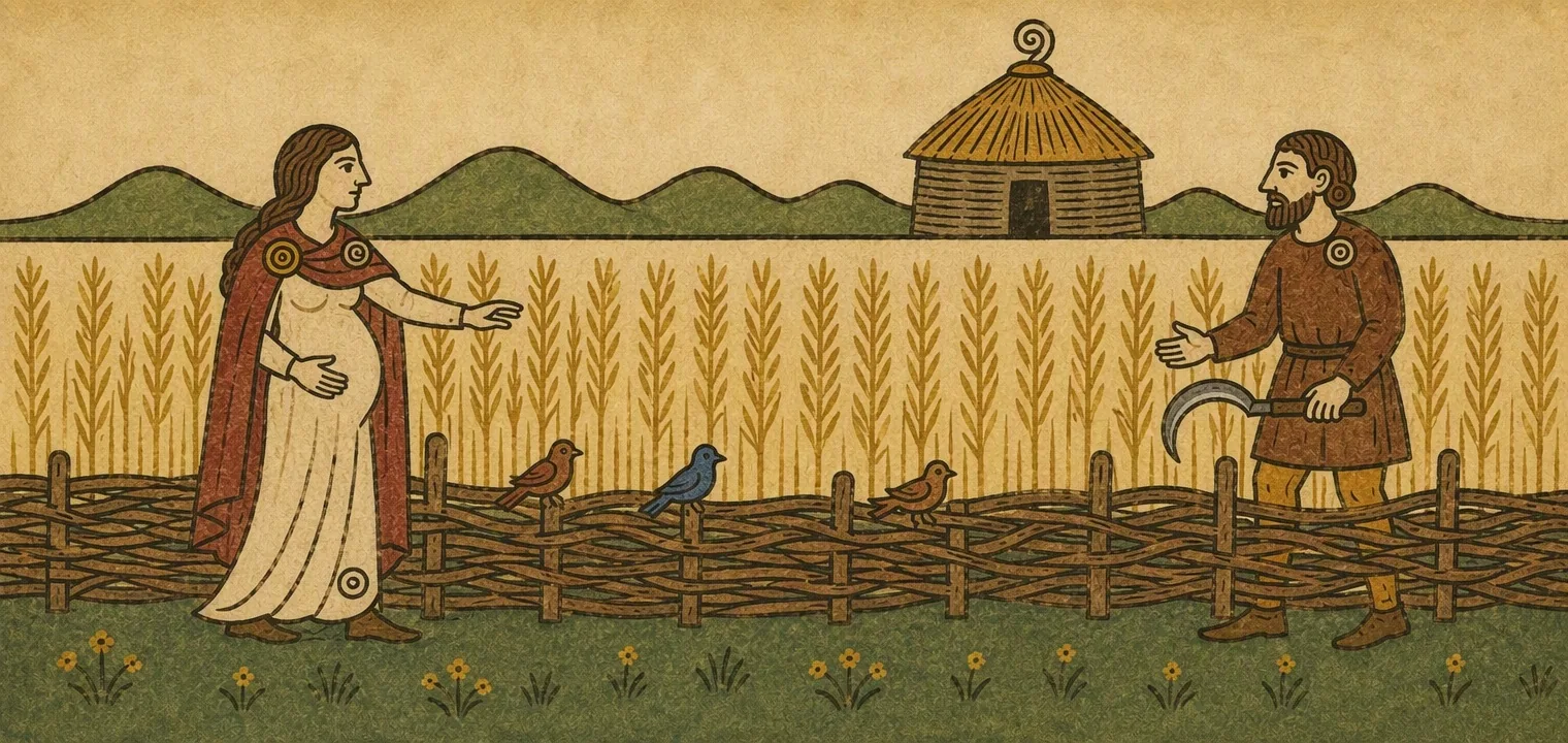 A pregnant woman in a cream dress and red shawl reaches over a wattle fence toward a field of ripe barley. On the far side a farmer with a sickle holds out open hands, and three small birds sit on the fence.
