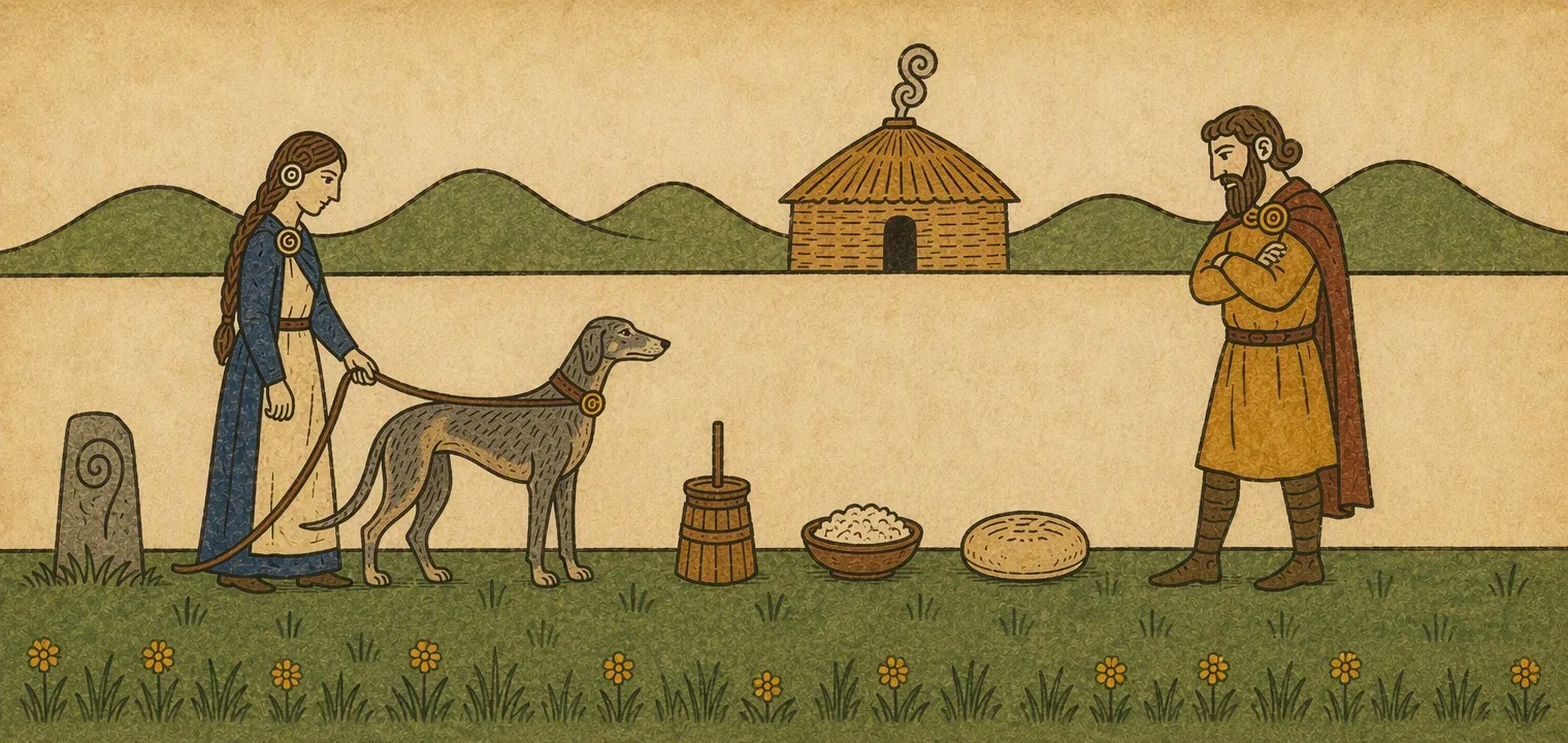A woman in a blue dress leads a grey hound on a lead. Beside a standing stone lie an overturned churn, a bowl of curds and a loaf. A bearded neighbour in a yellow tunic stands with folded arms before a round house.