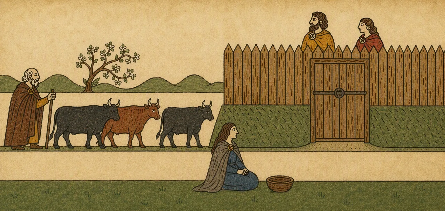 A woman sits on the ground outside the shut timber gate of a ring-fort, an empty wooden bowl beside her. Two people look over the palisade, and an old cowherd with a staff stands by three cattle.