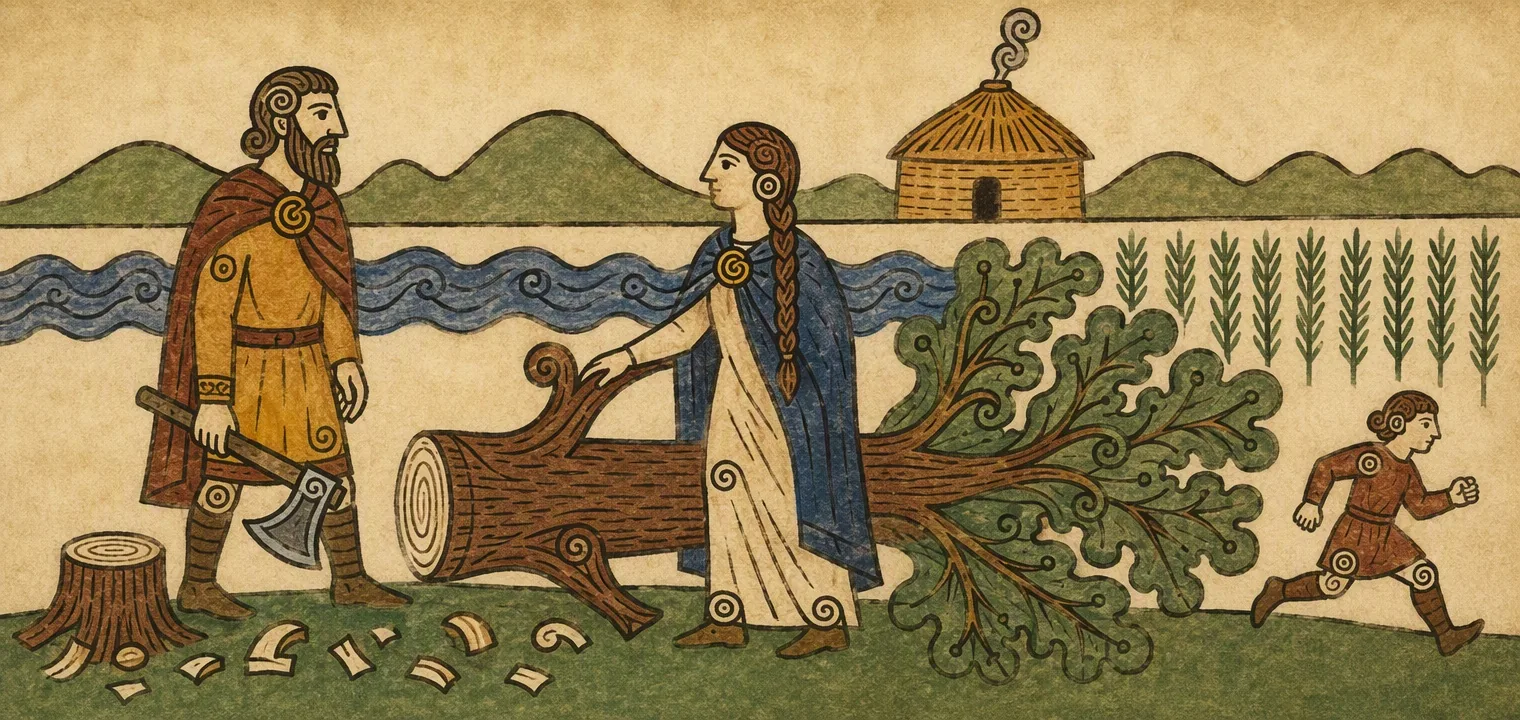 A woman in a blue cloak stands beside a great oak lying felled along a stream. A man with an axe faces her across the stump, and a boy runs off along a path through young barley.