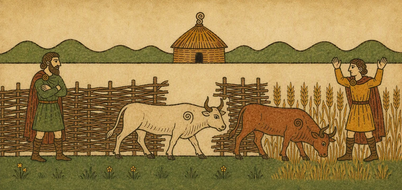 A bearded man with folded arms stands beside a broken wattle fence. Through the gap a white bull and a red bull walk into a field of ripe barley, where a man in a yellow tunic throws up his hands.