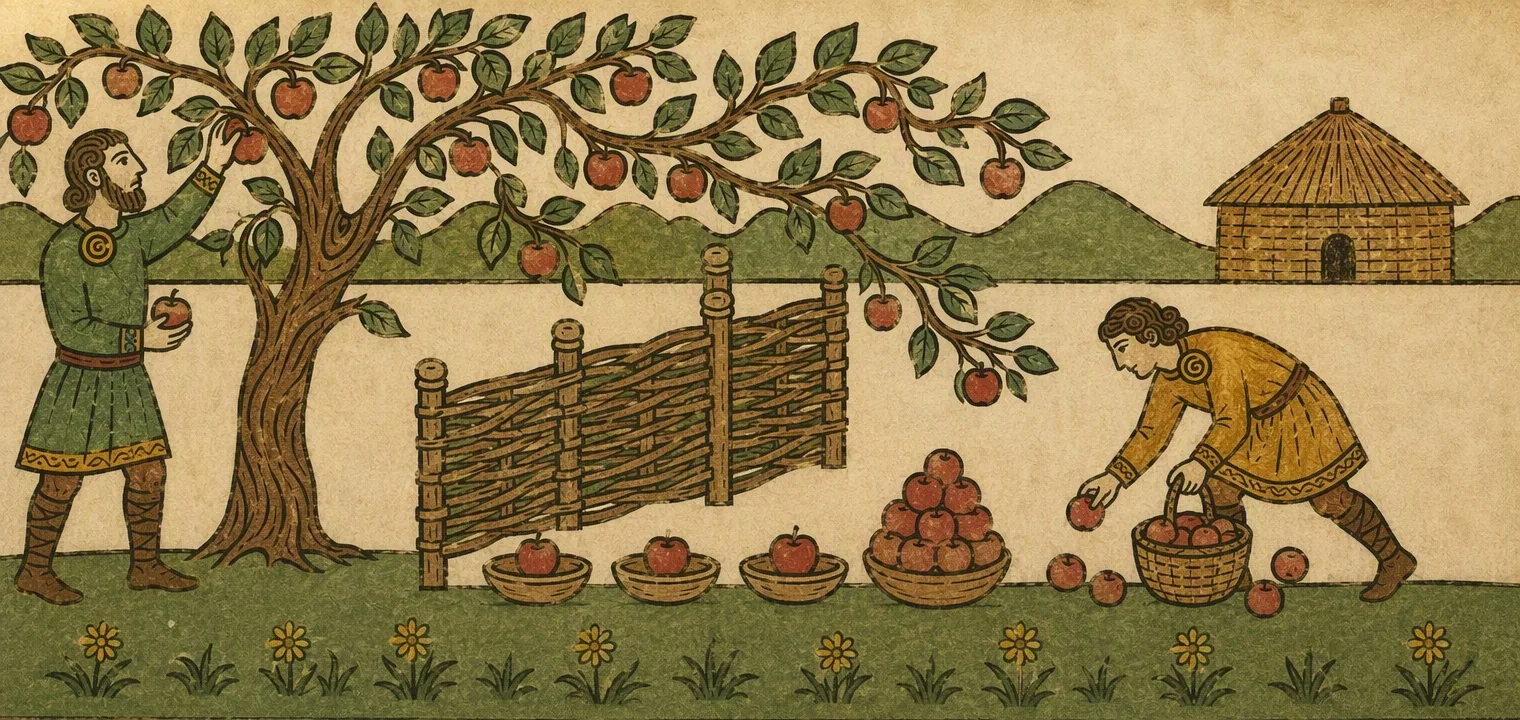 A man in green reaches up into a laden apple tree whose branches overhang a wattle fence. On the other side a woman in a yellow tunic gathers fallen apples into a basket, and bowls of apples stand on the grass.