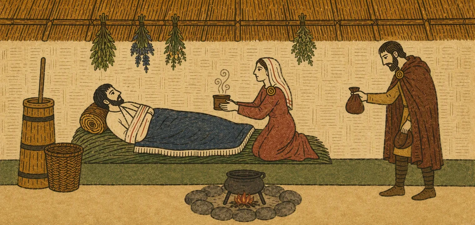 Inside a round house, a wounded young man lies on a bed of rushes with his arm bound. A woman kneels and offers him a cup of broth, and the man who hurt him stands hat in hand, holding out a purse.