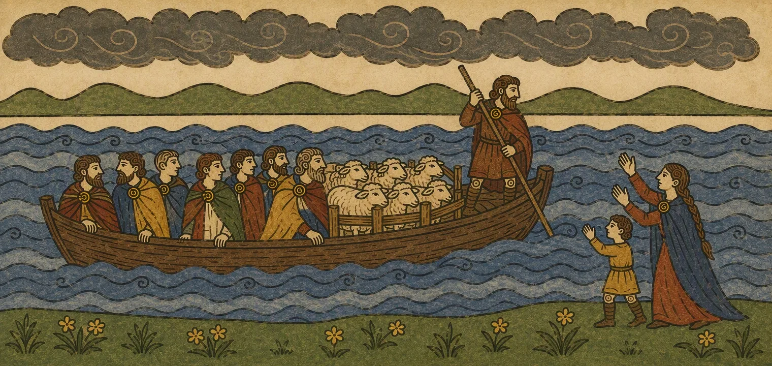 A boatman with a pole stands at the back of a wooden boat crowded with passengers and sheep on rough blue water under storm clouds. A woman and a small child on the bank reach out toward it.