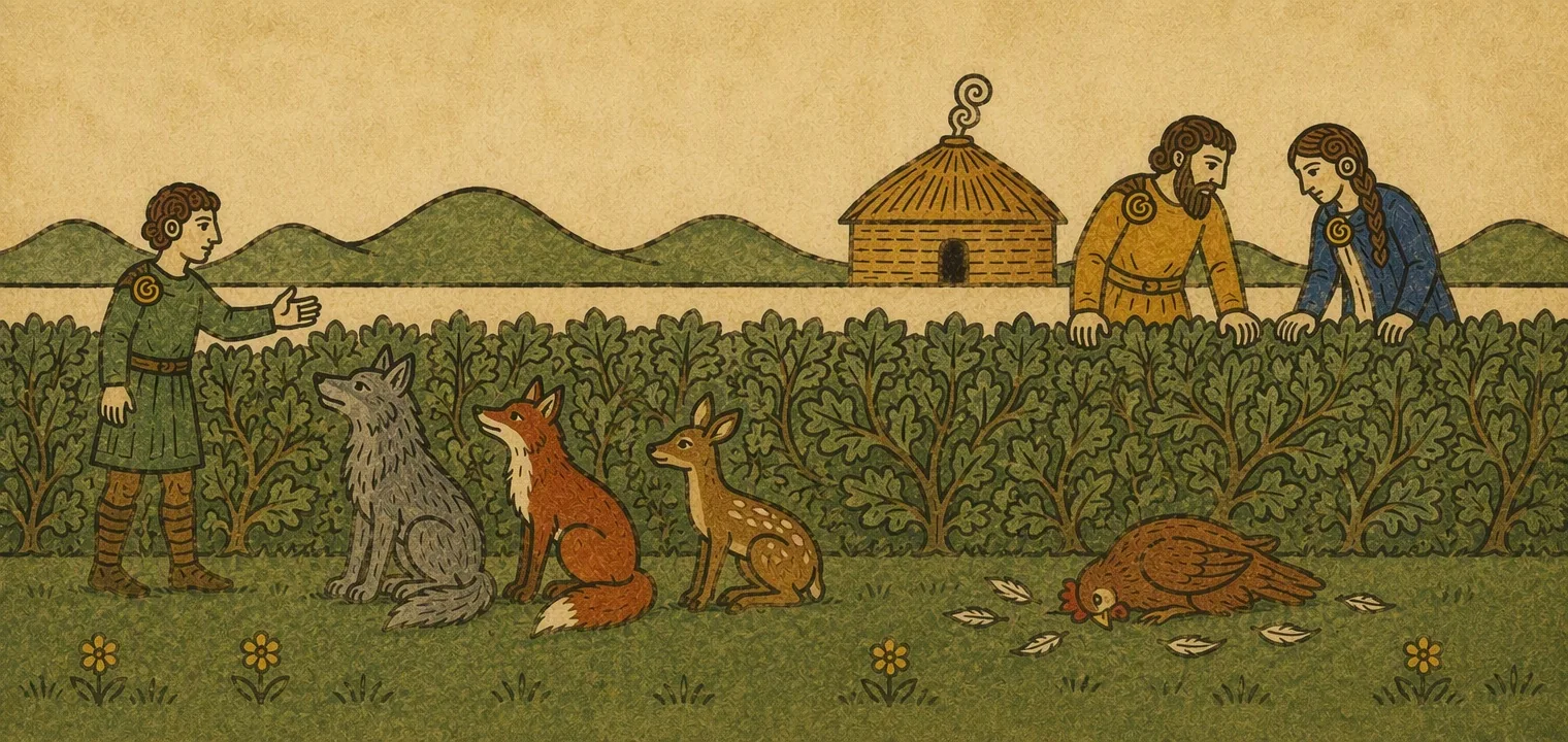 A man in a green tunic holds out a hand to a tame wolf, a fox and a fawn that sit side by side beside a hedge. A dead hen lies on the grass, and a man and woman look on over the hedge.