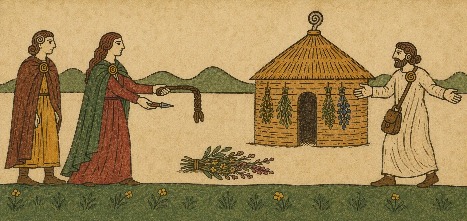 A woman in a red dress and green cloak holds out a long braid and a small blade to a physician in a white robe with a satchel, who spreads his hands before a round house hung with drying herbs. A man in a red cloak waits behind her.