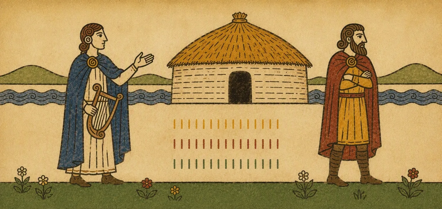 A poet in a blue cloak with a small harp raises a hand in speech. A lord in a red cloak with folded arms turns his face away. Between them, below a round house, three rows of ten short strokes mark the three spans of ten days.