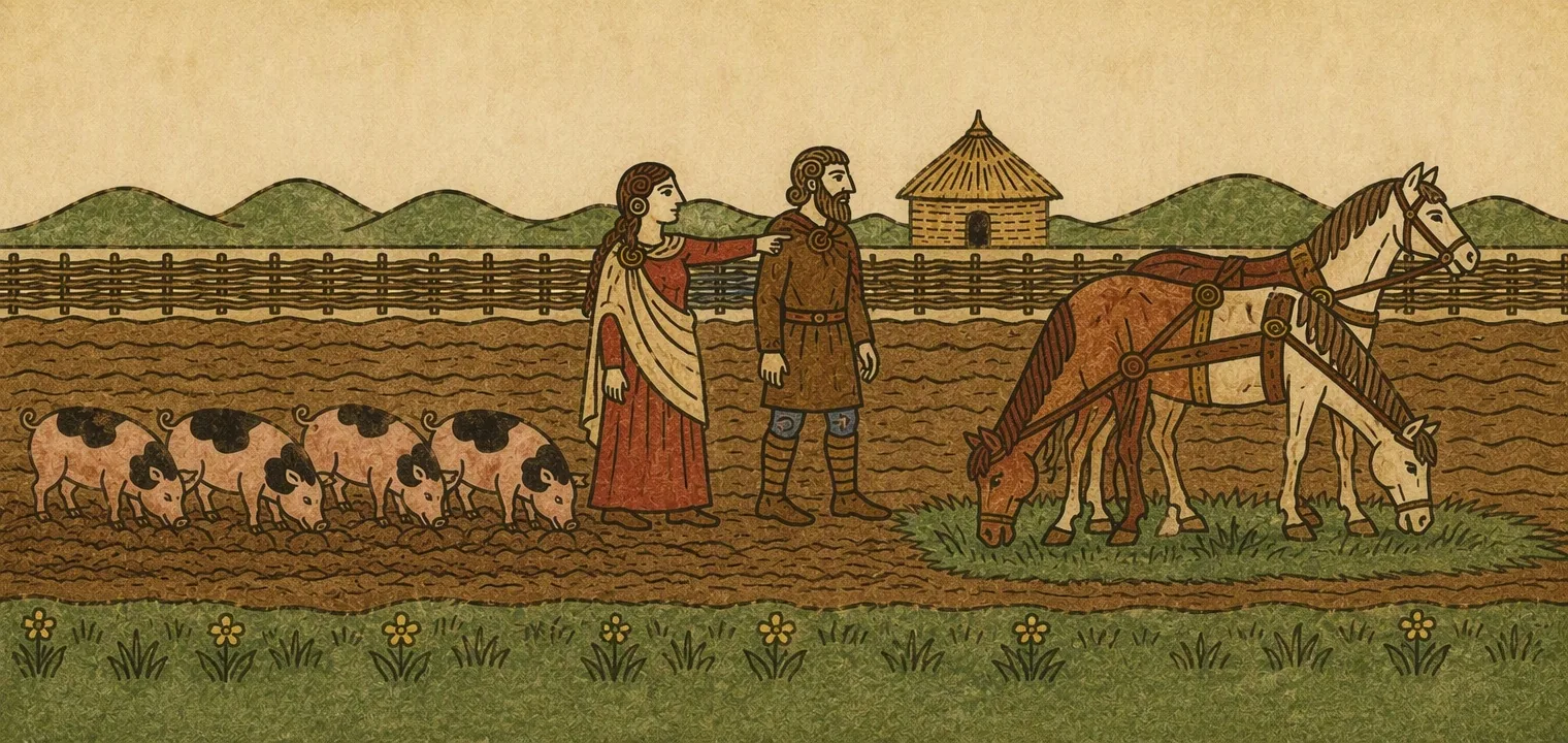 Four spotted pigs root across a ploughed brown field beside a wattle fence while a horse grazes. A woman in a red dress and a bearded man stand watching and talking.