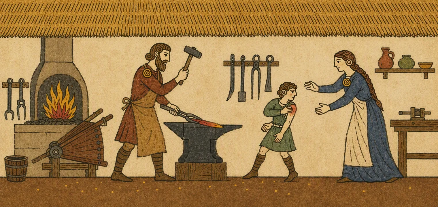 A bearded smith in a leather apron hammers a glowing bar on an anvil beside a forge with a bellows. A boy in a green tunic steps back from the sparks, holding his burned shoulder, and a woman in a blue dress reaches out to him.