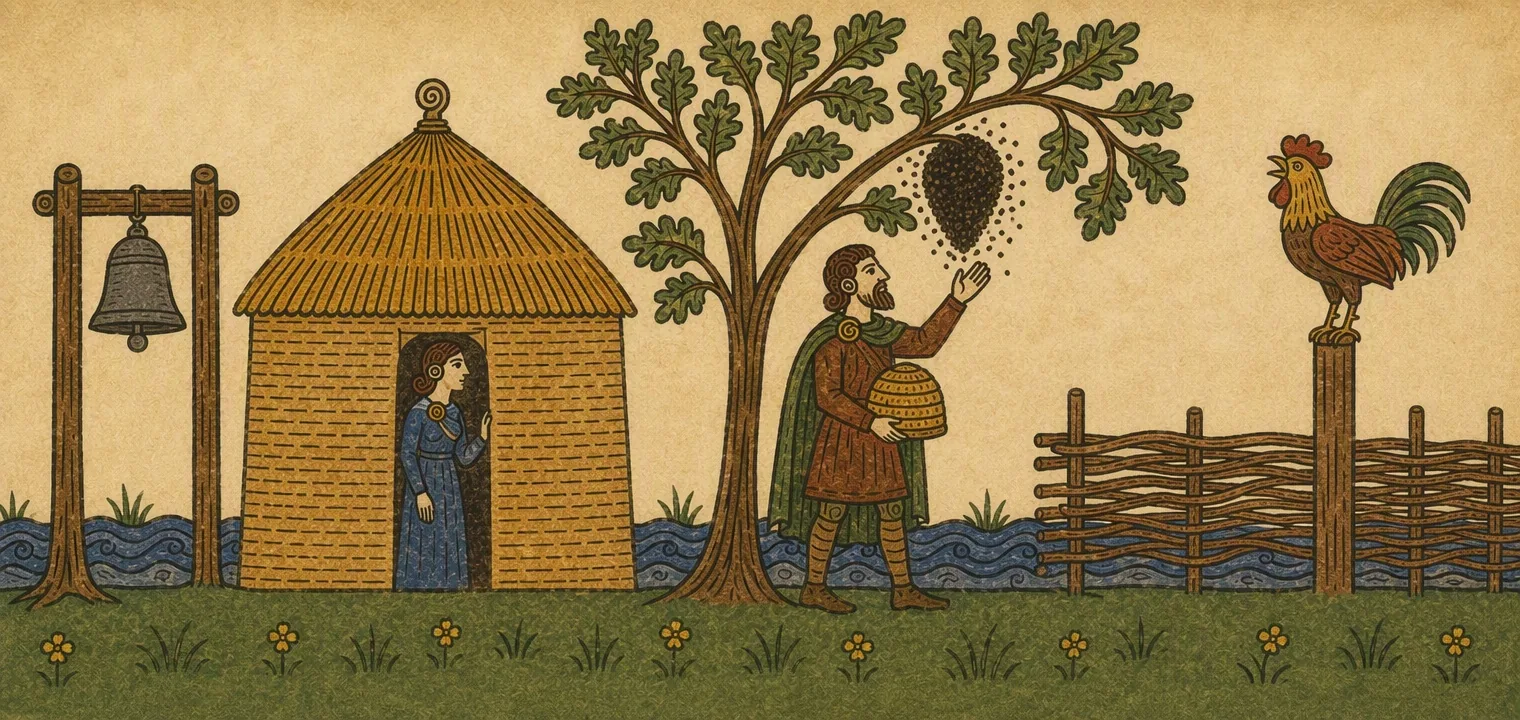 A man in a green cloak holds up a straw hive beneath an oak where a dark swarm of bees hangs. A woman stands in the doorway of a round house, and a bell on a frame, a cockerel on a post and a wattle fence mark the green.