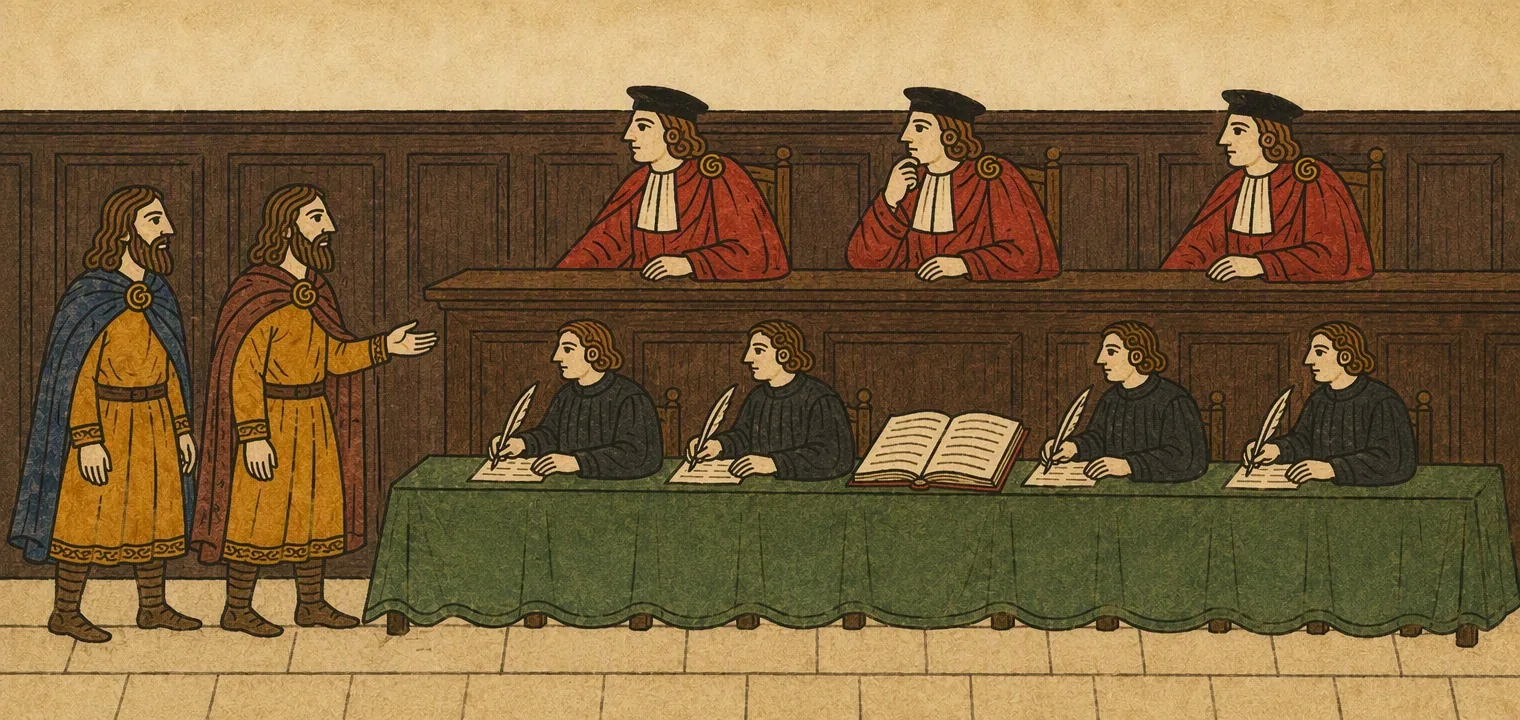 In a panelled courtroom of 1608, two Gaelic claimants in saffron shirts and mantles stand before three English judges in red robes. Clerks write at a table with a large open book.