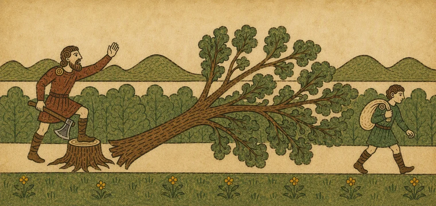 A bearded woodcutter with an axe stands on a stump and throws up an arm in warning. A great oak lies felled beside him, and a boy with a sack hurries away along a path.