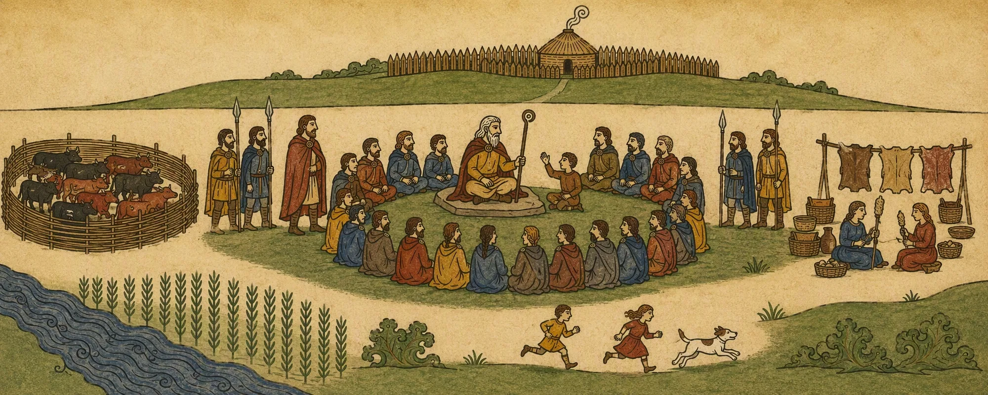 A gathering on a hillside below a ring-fort, about the year 700. People sit in a ring around a white-haired judge on a flat stone while a pupil recites. There are cattle in a pen, children and a dog at play, a small market of hides and baskets, and a river valley beyond.