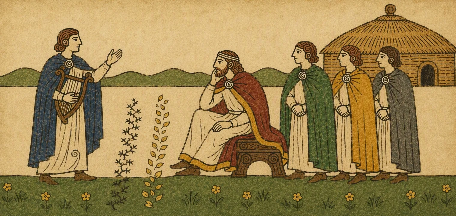 A poet in a blue cloak with a small harp raises a hand in speech. A king in a red cloak sits with his chin on his fist. Beside him stand three judges in green, yellow and grey cloaks, and between the poet and the king grow two small plants, one dark and thorny, one pale and fruiting.